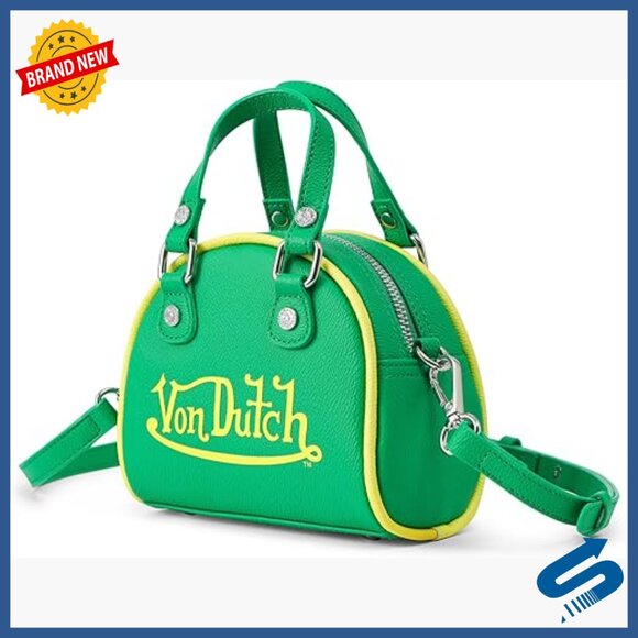 Handbags - Mini Vegan Leather Crossbody Bag with Top Handles and Logo Hardware